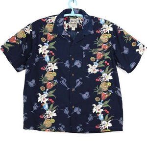 Steve & Barry's Shirt Hawaiian Tropical Floral Drinks Blue L Large‎